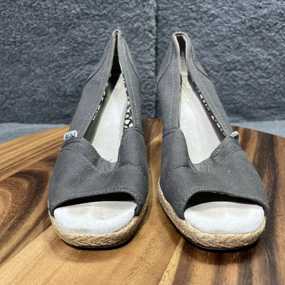 Toms Calypso Espadrille Platform Wedge Brown Canvas Peep Toe‎ Shoes Pumps Size 9